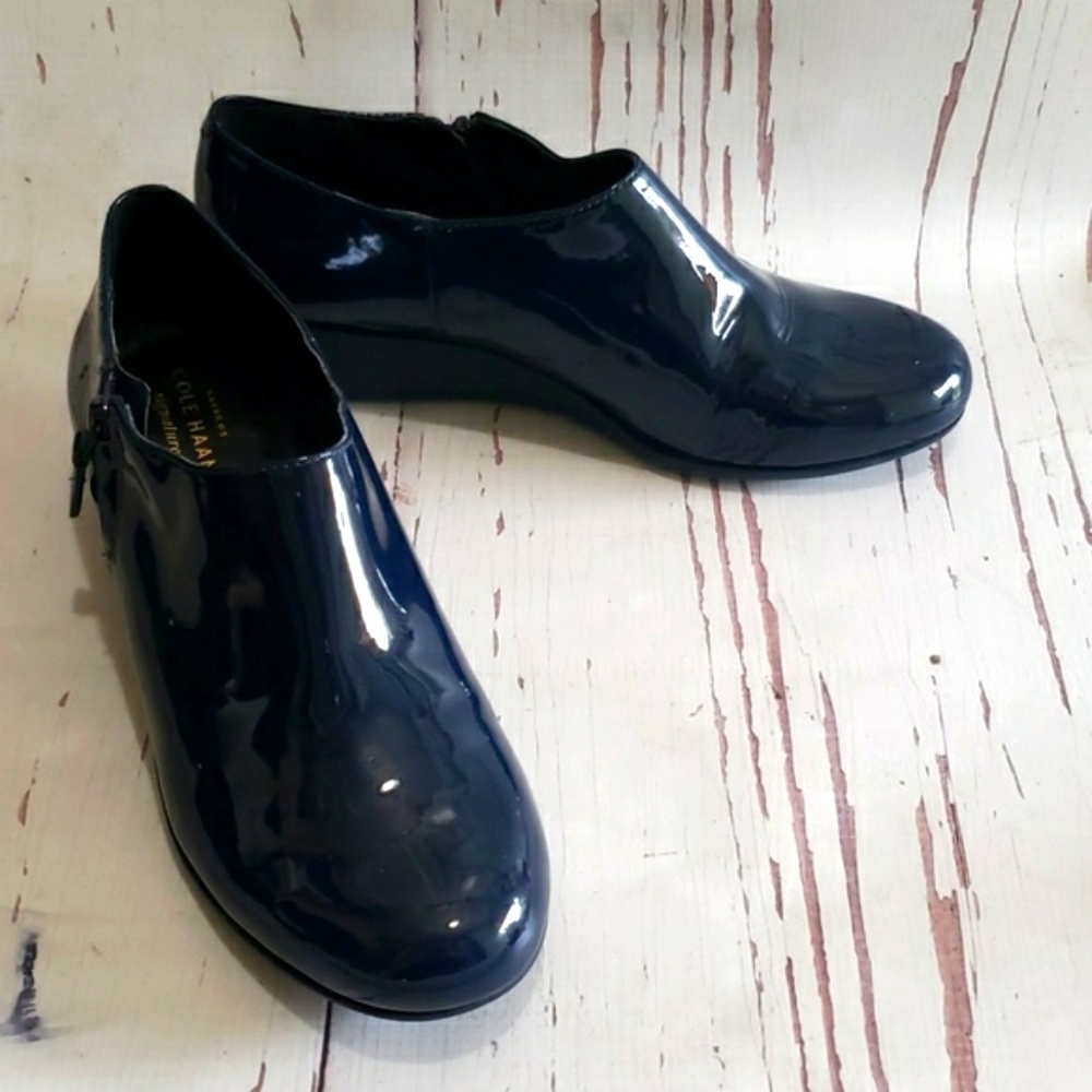 Cole Haan Navy Blue Patent Leather Loafers Wedges With Zip Women's Shoes Size 7